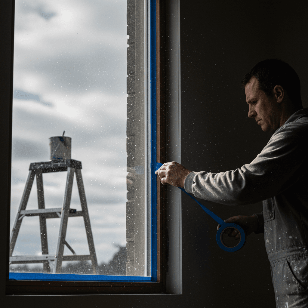 Painter taping window frame before facade painting