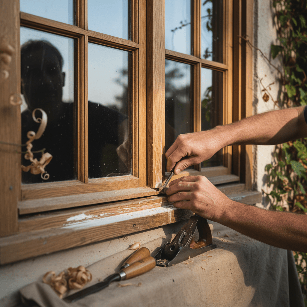 Carpenter repairing wood trim on a house facade before painting