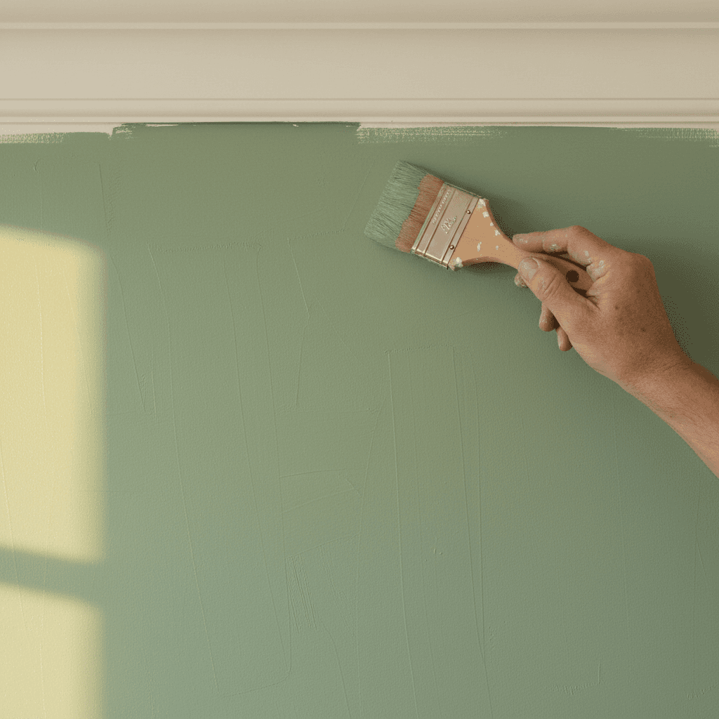 Detail of interior painting, brushwork on sage green wall