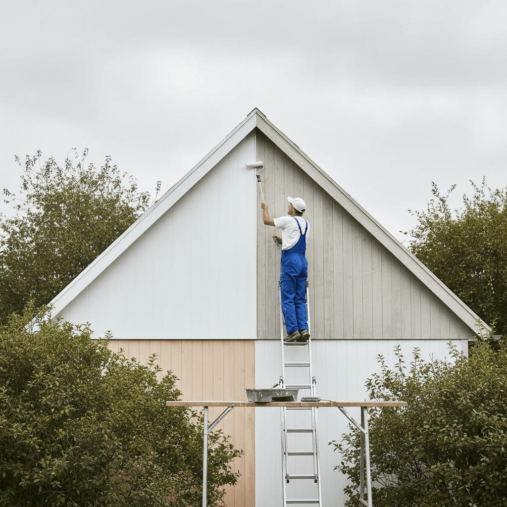 Painter applying second coat of paint to a house gable