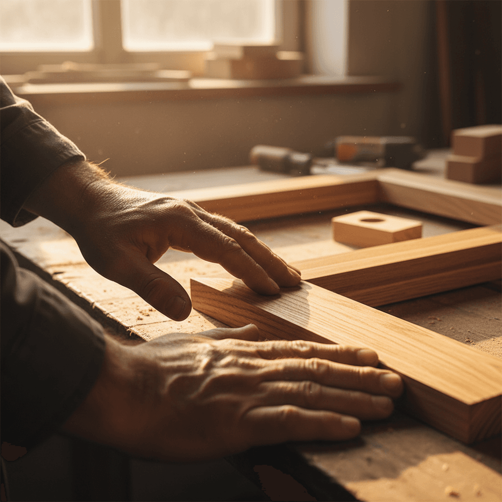 Carpenter's hands inspecting smooth wooden window frame