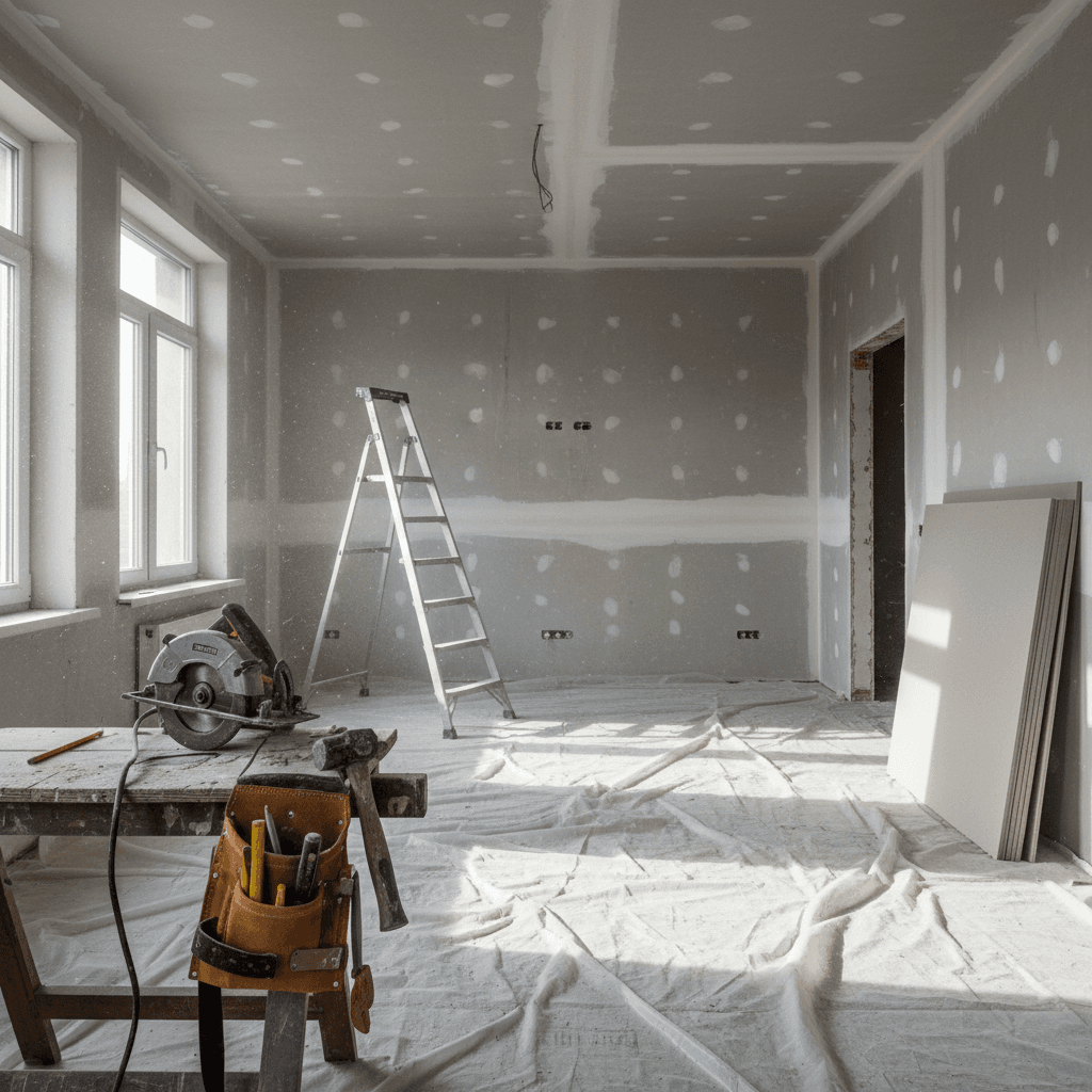 Living room renovation in progress, carpentry work