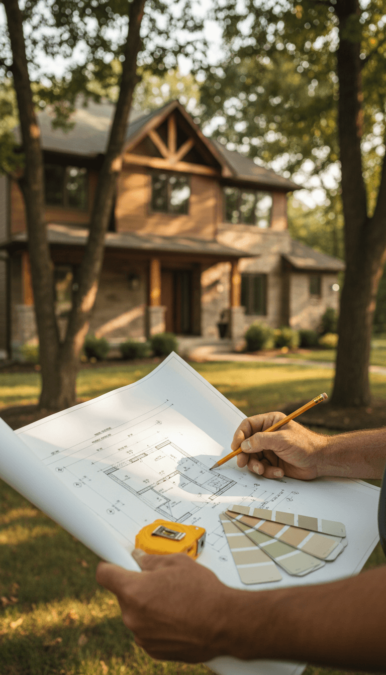 Contractor reviewing blueprints with tape measure and paint samples on site