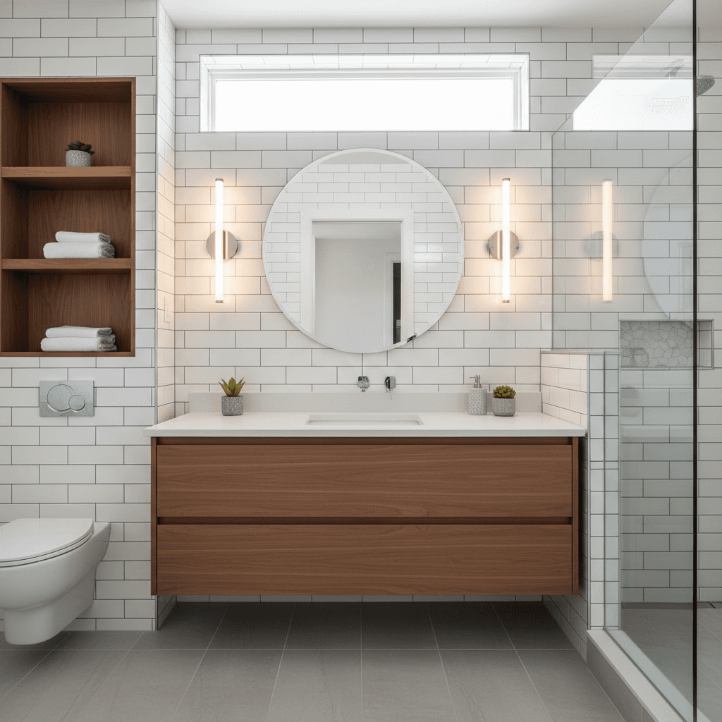 Renovated bathroom with walnut vanity and subway tile