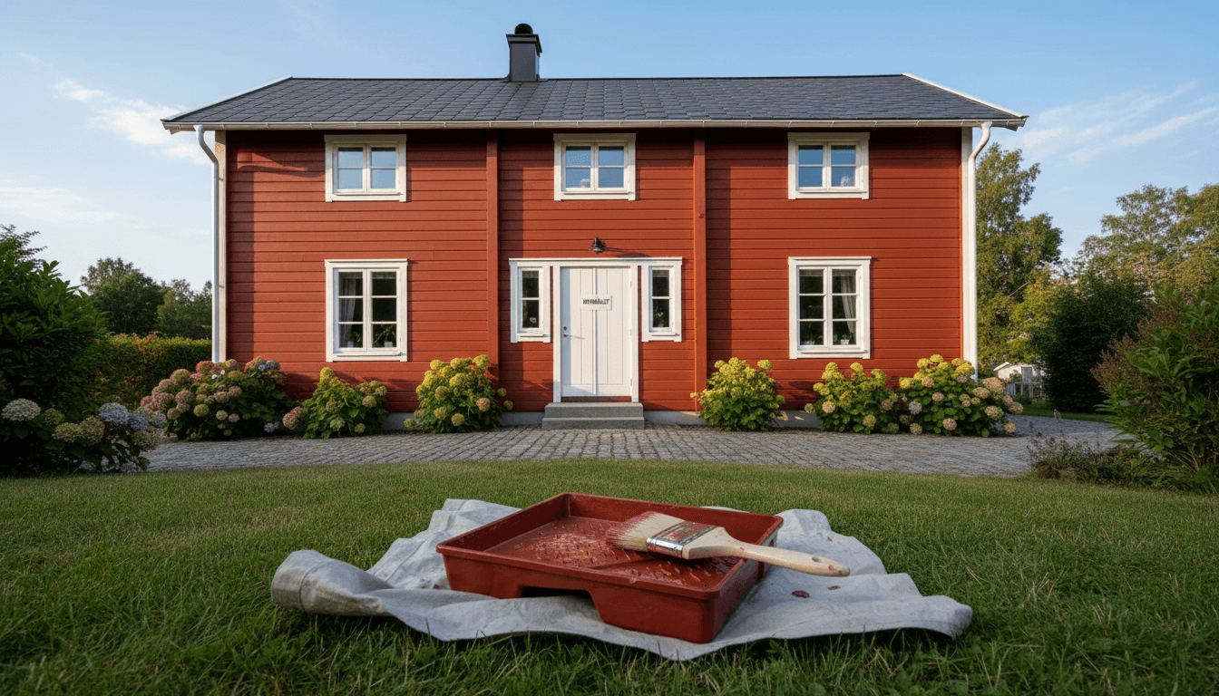 Freshly painted house exterior facade with paintbrush and tray